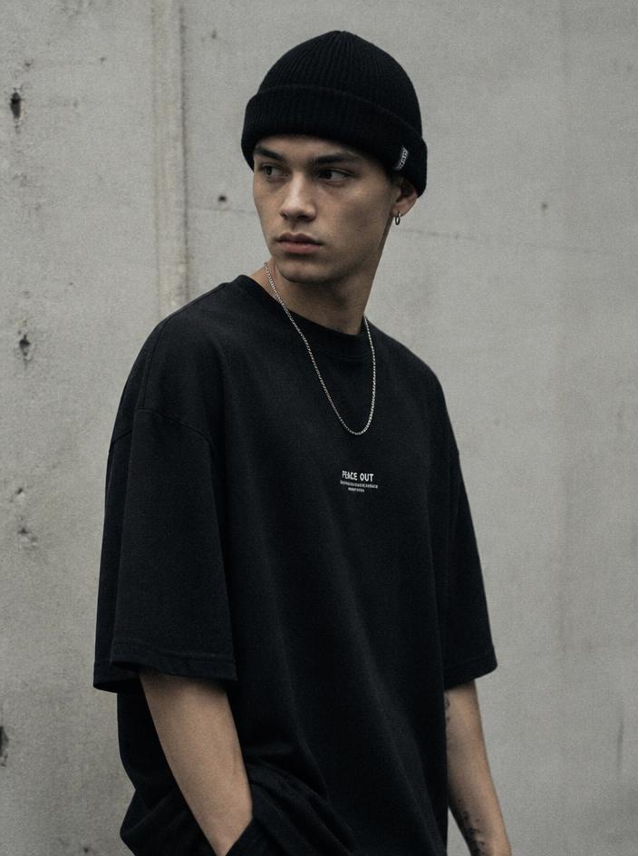 Portrait of a man in a black beanie and oversized STRIVE shirt